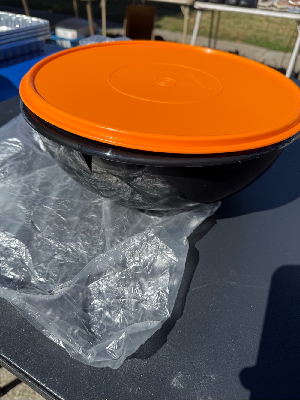 Tupperware Black Bowl with Bright Orange Lid